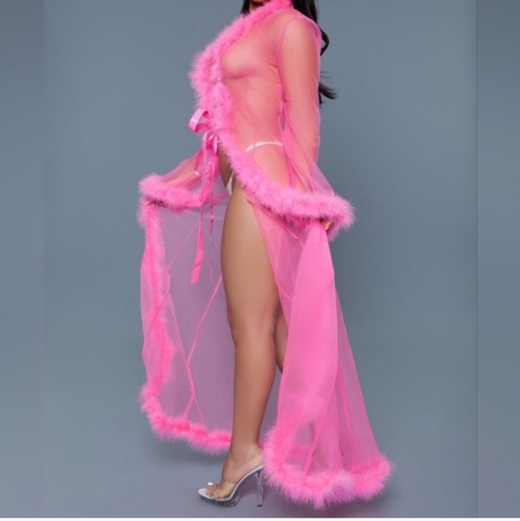 NWT Be Wicked Hot Pink Feather Trim Robe - Picture 2 of 10